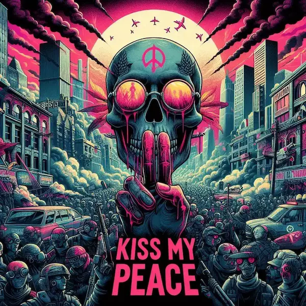 Pochette d'album que j'ai réalisée. Cela représente un crâne qui fait le signe de paix au milieux d'un ville en guerre.