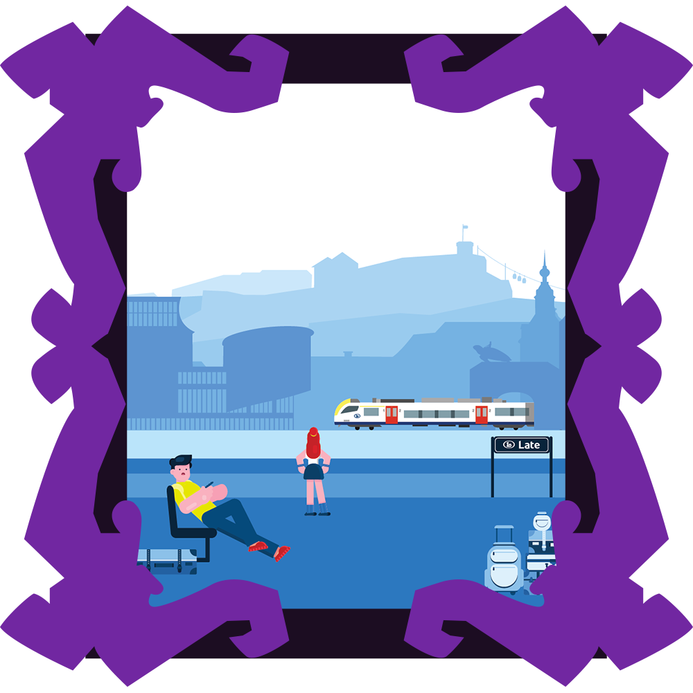 notre affiche de Late ou on voit des personnes patienter sur le quai avec le train au loin