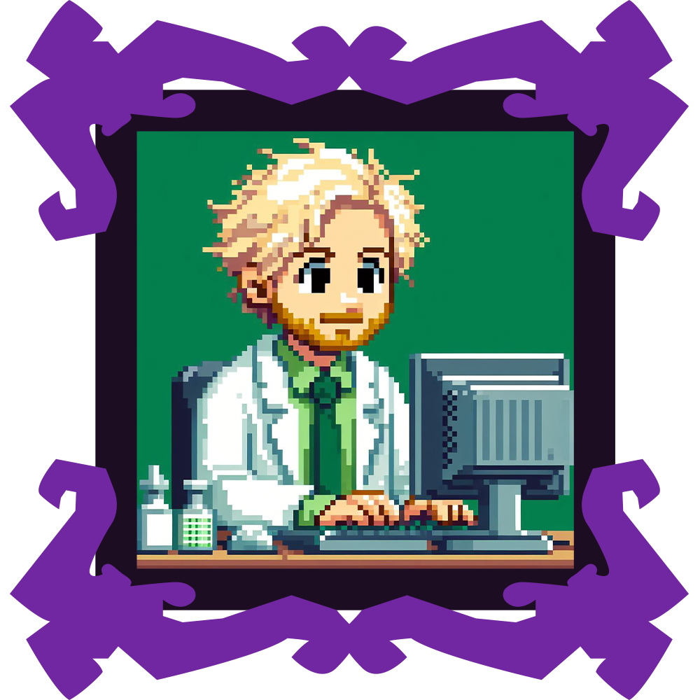 un représentation de moi déguisé en scientifique en pixel art devant un ordinateur devant un fond vert